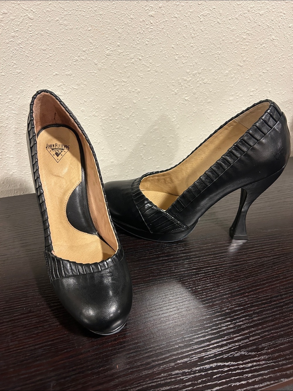 John Fluevog Black Leather Pleated Trim High Heels